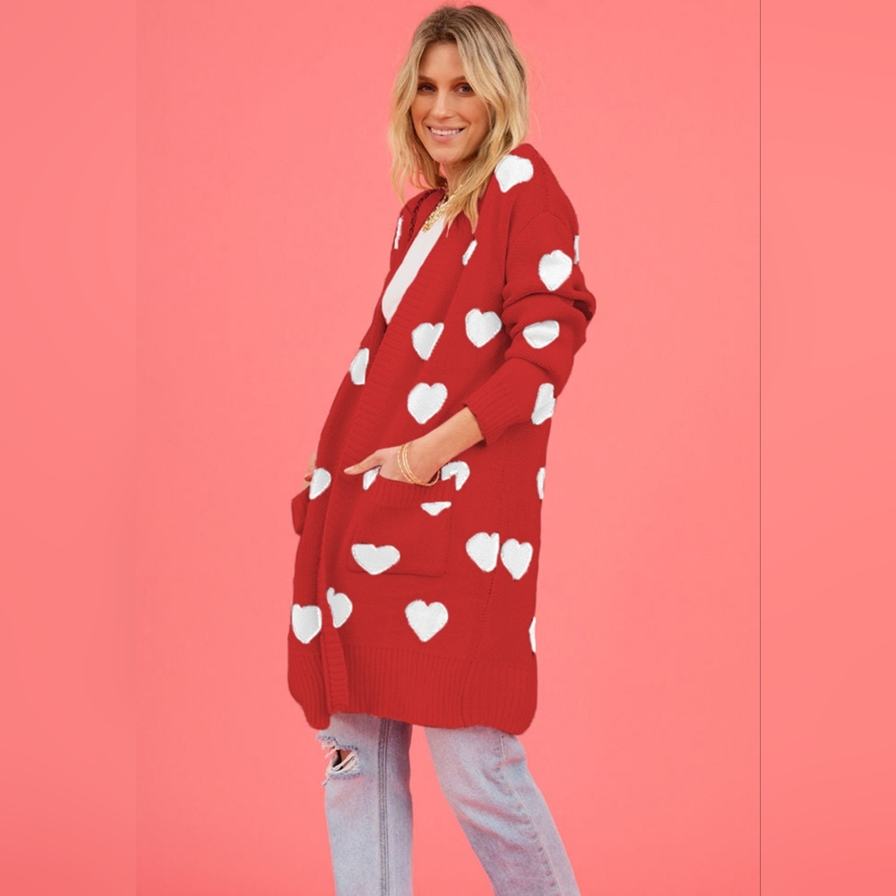 Contrasting Heart Knit Open Front Longline Pocket Sweater Cardigan Valentine - Picture 6 of 9